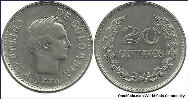 Colombia 20 Centavos 1970 (Republica...de Colombia)