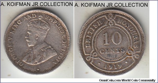 KM-20, 1919 British Honduras 10 cents; silver, reeded edge; George V, one of he rarest issues with mintage of 10,000, very fine but cleaned.