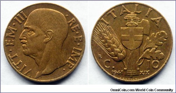 Italy 10 centesimi.
1941, Bronzital (V)