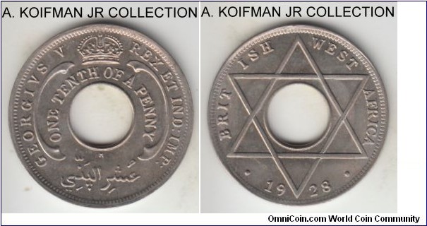 KM-7, 1928 British West Africa 1/10 penny, Heaton Mint (H mint mark); copper-nickel, plain edge, holed flan; George V, nice good uncirculated coin.