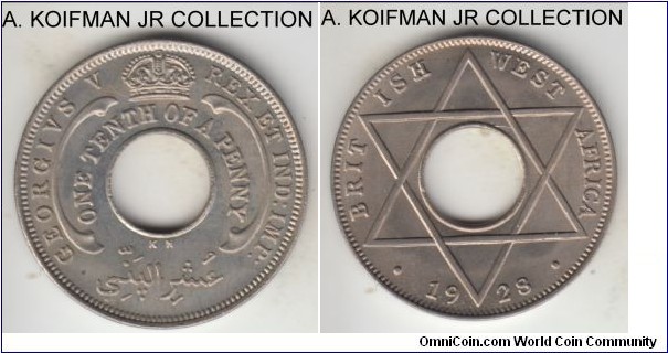 KM-7, 1928 British West Africa 1/10 penny, King Norton Mint (KN mint mark); copper-nickel, plain edge, holed flan; George V, scarcer mint variety although mint numbers larger than Heaton mint, nicer uncirculated specimen.