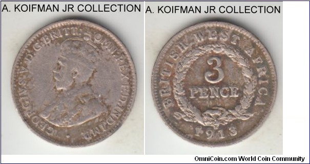 KM-10, 1913 British West Africa 3 pence; Heaton mint (H mint mark); silver, plain edge; first year of issue for the new type for the unified West African possessions, George V, fine or about toned.