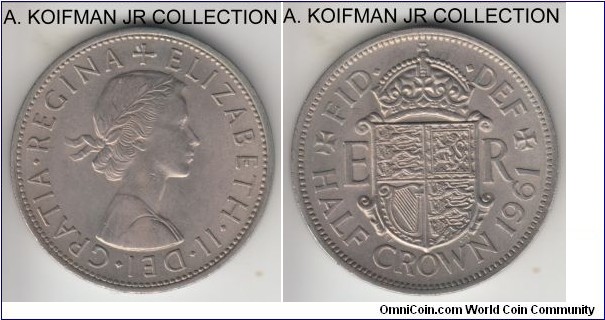 KM-907, 1961 Great Britain half crown; copper-nickel, reeded edge; Elizabeth II, average toned uncirculated.