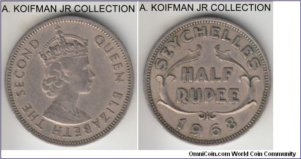 KM-12, 1968 Seychelles 1/2 rupee; copper-nickel, reeded edge; Elizabeth II, this types usual small mintage of 20,000, about extra fine.
