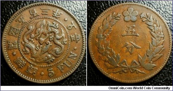 Korea 1894 5 fun, rotation error. Weight: 7.15g