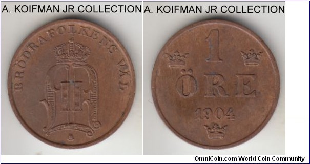 KM-750, 1904 Sweden ore; bronze, plain edge; Oscar II, late common year but nice details on this uncirculated coin.