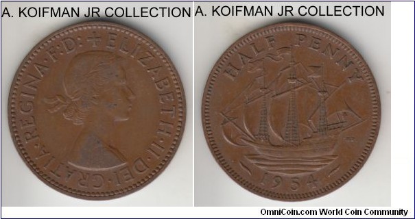 KM-896, 1954 Great Britain 1/2 penny; bronze, plain edge; early Elizabeth II, first year of the type, reverse B variety (L in HALF point between beads), brown about extra fine.