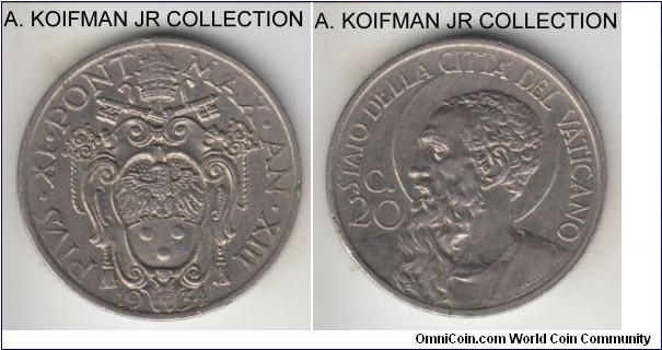 KM-3, 1934 Vatican 20 centesimi; nickel, reeded edge; XIII year of Pius XI, extra fine or about, mintage 80,000.
