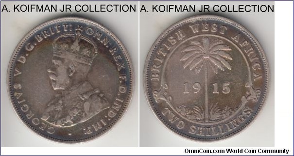 KM-13, 1915 British West Africa 2 shillings, Heaton mint (H mint mark); silver, reeded edge; early George V, rather scarce with mintage of 66,000, abot very fine details, cleaned.