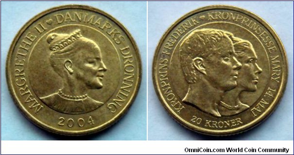Denmark 20 kroner.
2004, Marriage of Crownprince Frederik and Mary Donaldson.