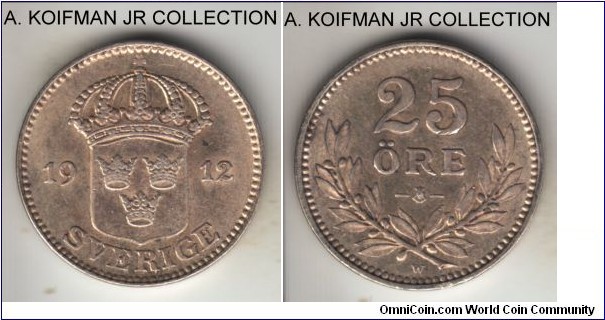 KM-785, 1912 Sweden 25 ore; silver, plain edge; Gustaf V, smaller mintage year, good very fine.
