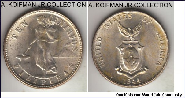 KM-181, 1944 Philippines (US-Philippines Commonwealth) 10 centavos, Denver mint (D mint mark); silver, reeded edge; US war time issue, lightly toned uncirculated.