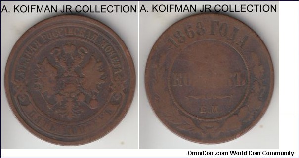 Y# 12a, 1868 Russia (Empire) 5 kopeks. Ekaterinburg mint (EM mint mark); copper, reeded edge; Alexander II, well circulated.