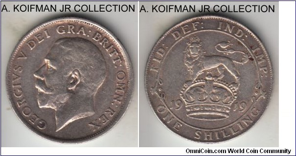 KM-816, 1919 Great Britain shilling; silver, reeded edge; George V last sterling coinage, decent circulated grade, very fine or about.