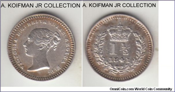 KM-728, 1841 Great Britain 1 1/2 pence; silver, plain edge; early Victoria coinage issued for colonies, scarcer year, good very fine to extra fine details, light obverse cleaning.