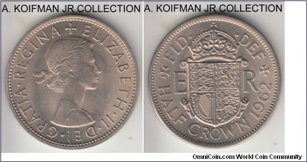 KM-907, 1962 Great Britain 1/2 crown; copper-nickel, reeded edge; late Elizabeth II business pound coinage, nicer grade uncirculated.