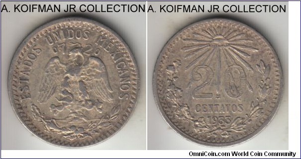 KM-438, 1933 Mexico 20 centvos, Mexico City mint (M mint mark); silver, reeded edge; decent grade, extra fine or about.