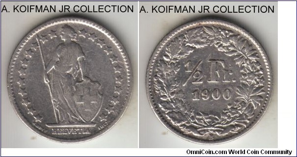 KM-23, 1900 Switzerland 1/2 franc, Berne mint (B mint mark); silver, reede edge; smaller mintage, about very fine, cleaned.