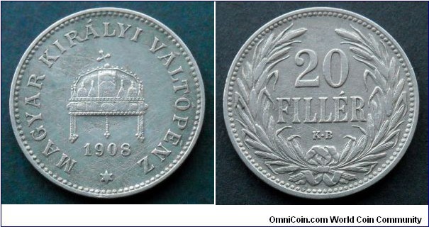 Hungary 20 filler.
1908