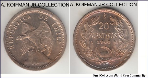 KM-167.3, 1940 Chile 20 centavos; copper-nickel, plain edge; common coin, late in the type, interesting multicolored toning, good uncirculated.