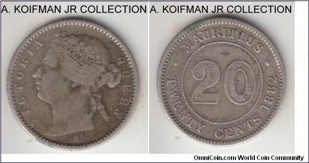 KM-11.1, 1882 Mauritius 20 cents, Heaton mint; silver, reeded edge; Victoria, smallest mintage of the type, just 15,000, good fine or so.