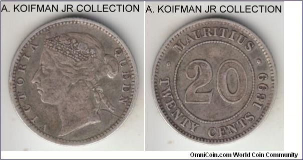 KM-11.1, 1899 Mauritius 20 cents, Royal Mint; silver, reeded edge; last Victoria mintage, good fine to about very fine.