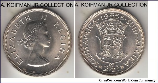KM-51, 1956 South Africa (Dominion) 2 1/2 shillings; silver, reeded edge; late Elizabeth II Dominion mintage, bright uncirculated, uncommon for the type.