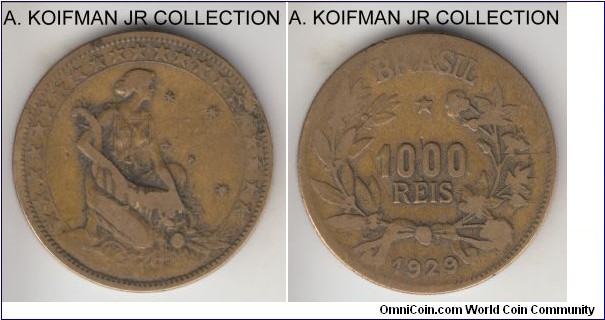 KM-525, 1929 Brazil 1000 reis; aluminum-bronze, reeded edge; scarcer mintage year, only 85,000, fine or about.