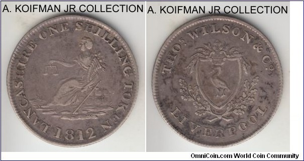 Dalton 2, 1812 Great Britain Liverpool (Lancashire) shilling token; silver, slant reeded edge; Thomas Wilson's token, very fine to good very fine.
