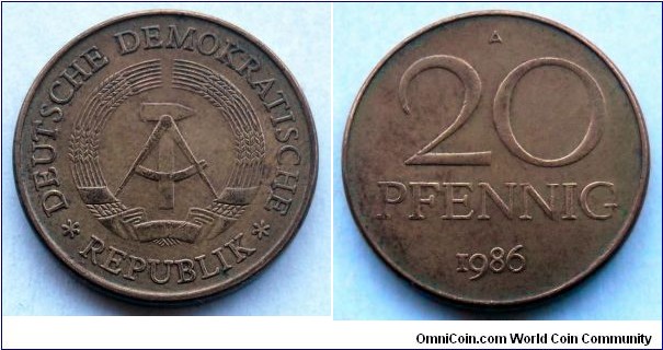 German Democratic Republic (East Germany) 20 pfennig.
1986