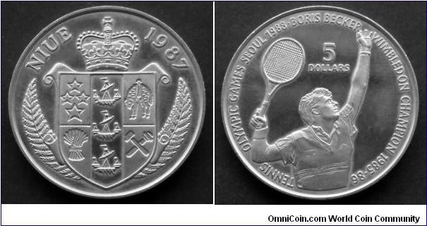 Niue 5 dollars.
1987, Olympic Games Seoul 1988 - Tennis, Boris Becker.