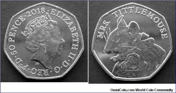 50 pence. 2018, 150th Anniversary of the birth of Beatrix Potter. Mrs. Tittlemouse.