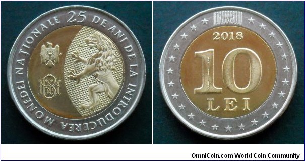 Moldova 10 lei.
2018, 25 Years of National Currency.