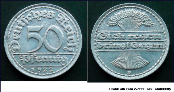 Germany (Weimar Republic) 50 pfennig.
1922 (D)