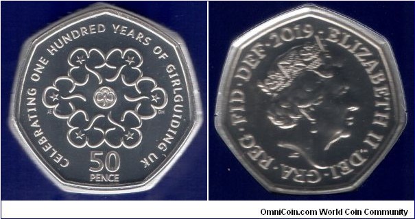 2019 50p 50th Anniversary of the 50p coin 1996-2019 Girl Guides Centenary 1910-2010