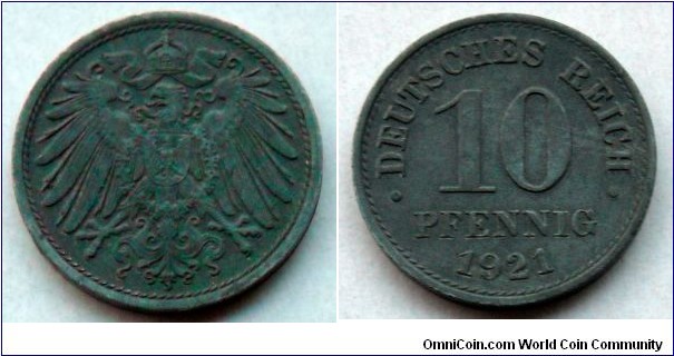 Germany 10 pfennig.
1921, Without mintmarks. Zinc (II)