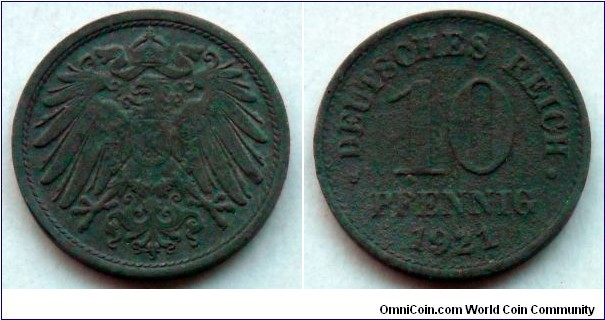 Germany 10 pfennig.
1921, Without mintmarks. Zinc (III) 