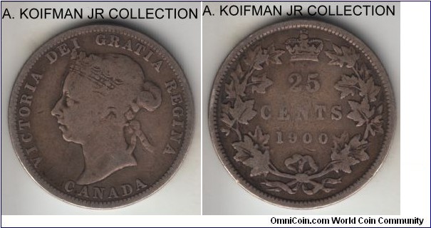 KM-5, 1900 Canada 25 cents; silver, reeded edge; late Victoria, fine or about.