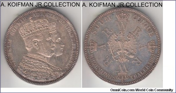 KM-488, 1861 German State Prussia thaler, Berlin mint (A mint mark); silver, lettered edge; Wilhelm I and Augusta coronation commemorative issue, quite common but nicely toned bluish uncirculated or almost.