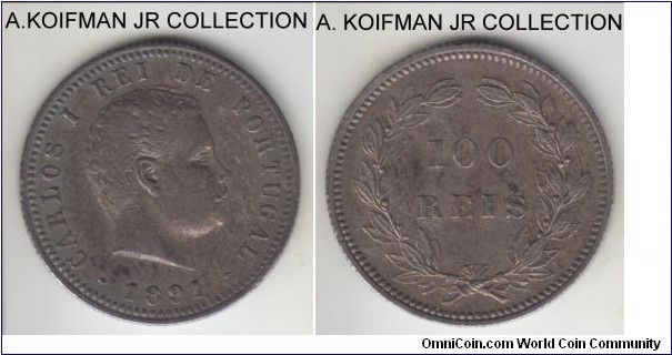 KM-531, 1891 Portugal 100 reis; silver, reeded edge; Carlos I, scarcer type and second smallest mintage, dark toned good very fine to extra fine, not sure if the toning is natural or artificial.