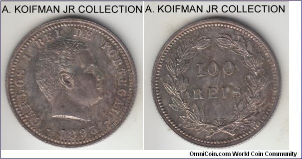 KM-531, 1893 Portugal 100 reis; silver, reeded edge; Carlos I, more common year of this scarce type, dark toned uncirculated or almost, toning is little mottled.