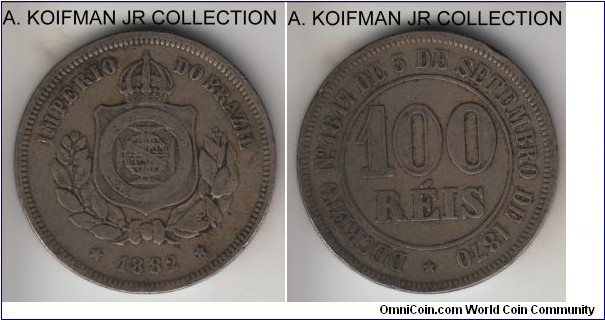 KM-477, 1882 Brazil (Empire) 100 reis; copper-nickel, plain edge; Pedro II, last type of the imperial coinage, fine or so.
