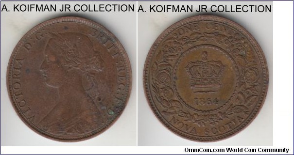 KM-8.2, 1864 Nova Scotia (Canadian Confederation) cent; bronze, plain edge; early confederation provincial mintage, Victoria, good very fine, decent obverse and very nice reverse.