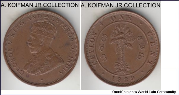 KM-107, 1929 Ceylon cent; copper, plain edge; George V, brown uncirculated or almost.