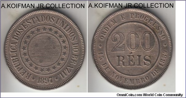 KM-493, 1897 Brazil (Republic) 200 reis; copper-nickel, plain edge; large almost crown sized coin, good fine to very details, cleaned.