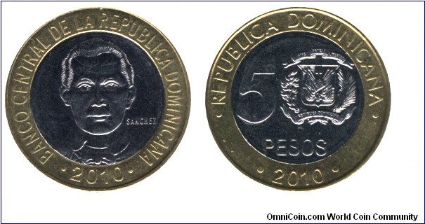 Dominican Republic, 5 pesos, 2010, bi-metallic, Brass-Steel, 23mm, 6.06g, Sanchez.