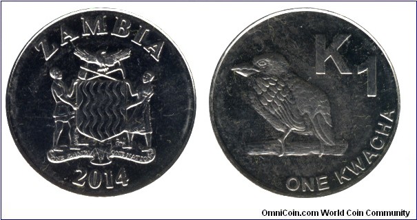 Zambia, 1 kwacha, 2014, Ni-Fe, 24mm, 5g, Zambian Barbet bird.