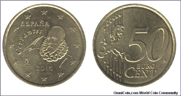Spain, 50 cents, 2016, Cu-Al-Zn-Sn, 24.25mm, 7.8g, MM: M, Cervantes.