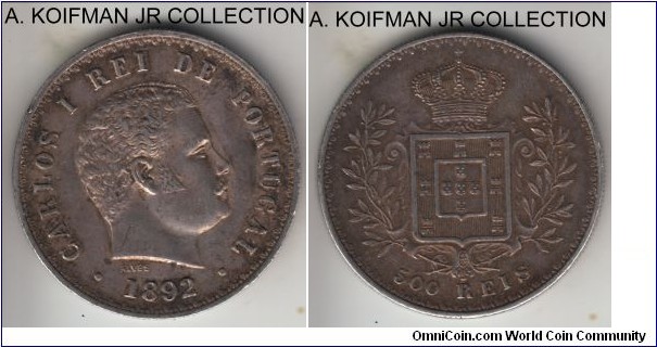 KM-535, 1892 Portugal 500 reis; silver, reeded edge; Carlos I, regular variety, average circulated, good very fine or so.