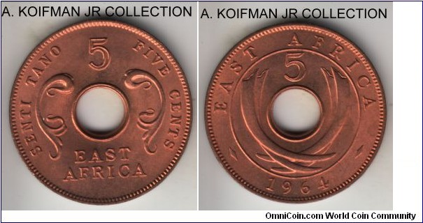 KM-39, 1964 East Africa 5 cents; bronze, plain edge; post independence one year issue, lazing red uncirculated.
